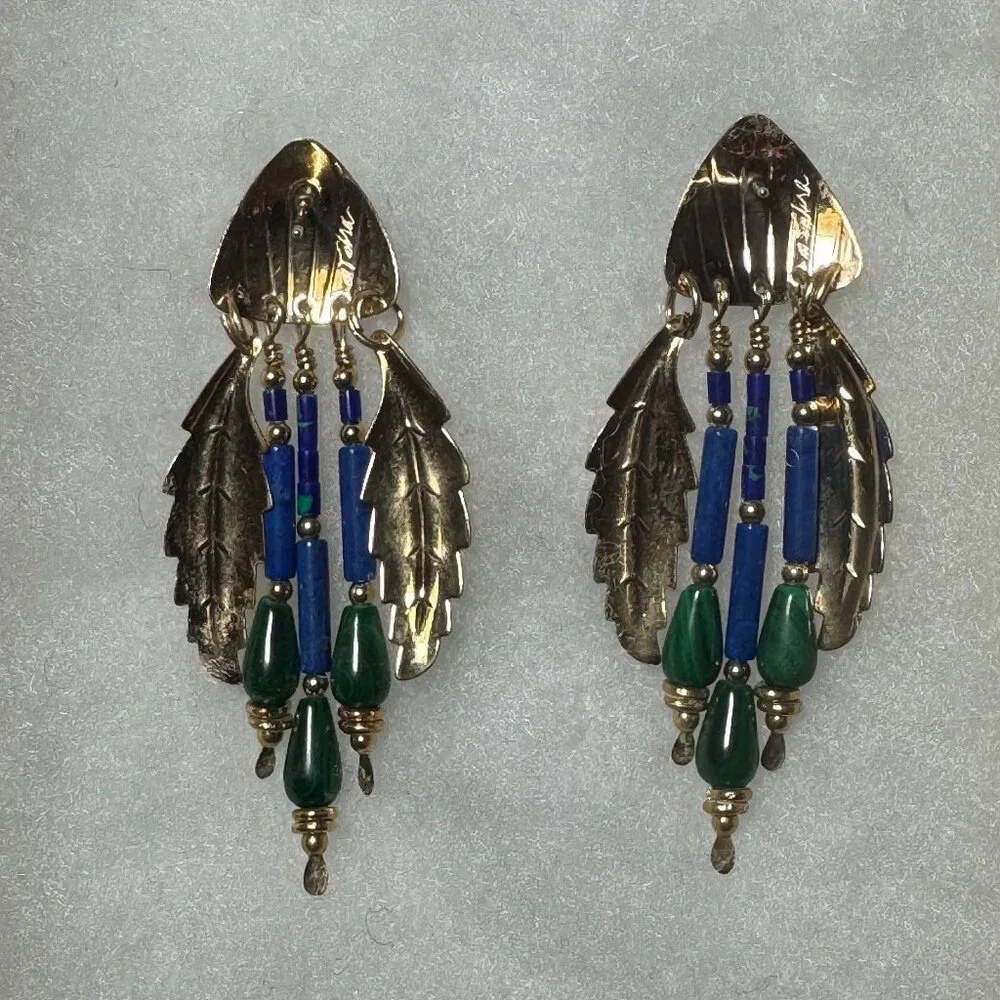 Tabra Tunoa Vintage Earrings - Malachite, Lapis Lazuli, and Gold-filled Leafs - Picture 2 of 6